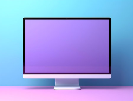 A modern pastel computer screen mockup with a purple gradient display against a blue and pink backgroundの写真素材