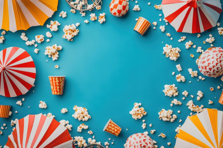 A vibrant circus themed party spread with popcorn, mini umbrellas, and festive cups.の写真素材