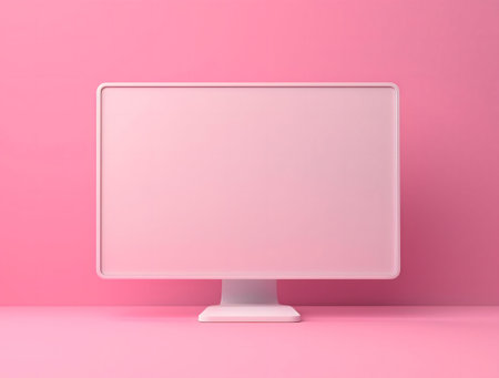 A clean pink computer screen against a pink background. Minimalist design.の写真素材