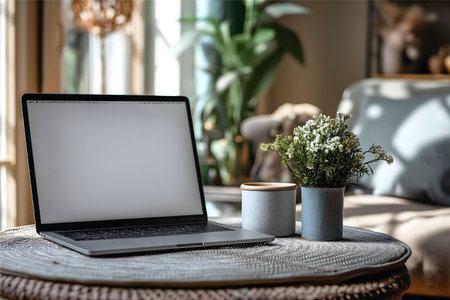 A laptop sits on a table with plants, showcasing a cozy home office setup.の写真素材