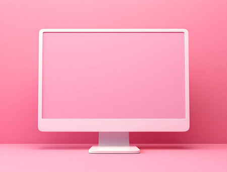 Pink computer screen on pink background. Minimalist display mockup.の写真素材