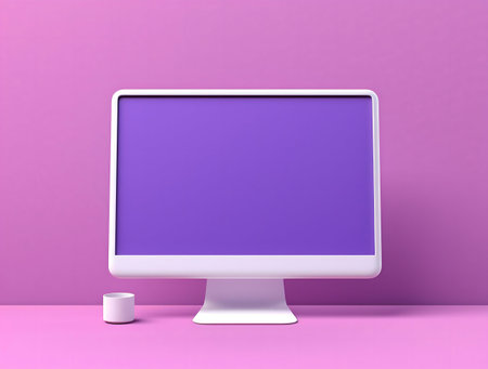 A clean, minimalist computer setup on a pink background with a purple screen.の写真素材