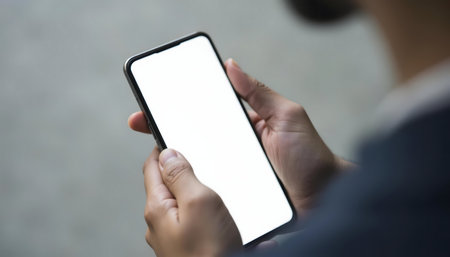 Close-up of hands holding a smartphone with a blank screen.の写真素材