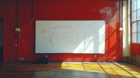 A sunlit whiteboard filled with equations in a red roomの写真素材