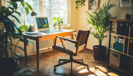 A bright and airy home office space with a wooden desk, comfortable chair, and abundant indoor plants, bathed in sunlight.の写真素材
