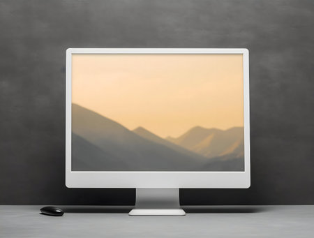 A modern white computer displays a serene mountain landscape at sunset. The image evokes a feeling of calm and tranquility.の写真素材