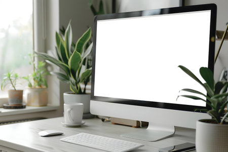 A clean, modern home office setup featuring a blank computer screen, keyboard, mouse and plants.
