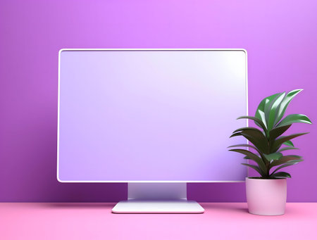 A clean image of a white computer monitor on a pink desk with a green plant beside it.の写真素材