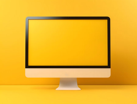 A clean image of a modern computer on a yellow backdropの写真素材