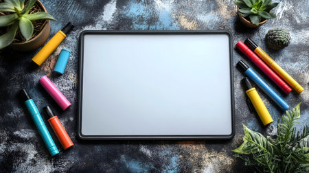 A flatlay image of a blank whiteboard surrounded by colorful markers and small potted succulents.の写真素材