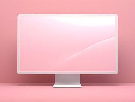 A minimalistic pink computer screen on a matching background.の写真素材