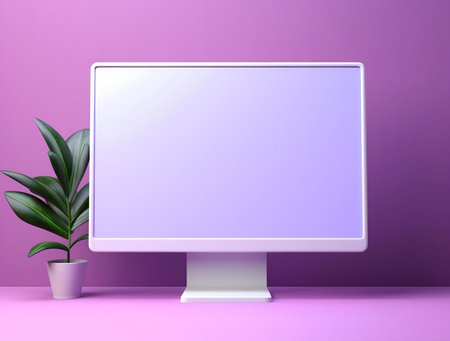 A clean, minimalist image of a white computer monitor and a small green plant against a purple background.の写真素材
