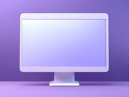 A white computer monitor sits on a purple background. Simple and clean design.