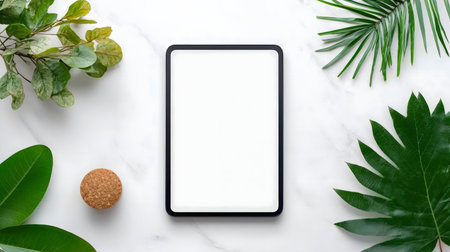 Blank tablet screen surrounded by lush tropical leaves on a marble background. Perfect for mockups.の写真素材