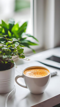 A warm cup of coffee sits on a table by a window, surrounded by plants. It's a peaceful morning scene.の写真素材