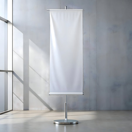 Clean minimalist mockup of a blank white roll up banner stand. Perfect for your design presentationの写真素材
