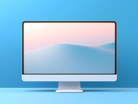 A pristine white desktop computer showcases a tranquil landscape on its screen, embodying serenity.の写真素材