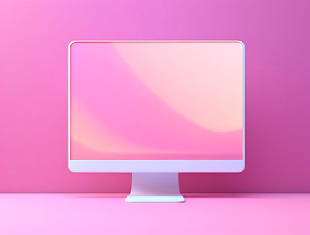 Minimalist pink computer on a pink background. Pastel colors, clean design.の写真素材