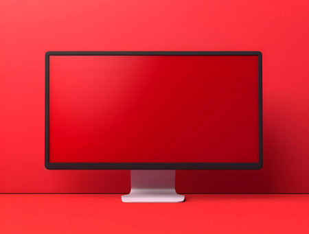 A red computer screen on a red background. Minimal design.の写真素材