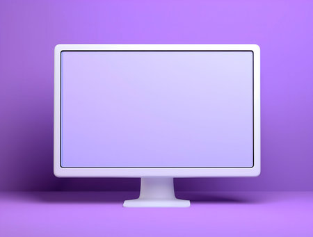 A clean image of a white computer monitor against a soft lavender background. Minimalist design.の写真素材