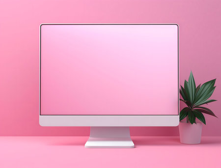 A minimalist pink desktop setup featuring a computer screen and a small plant. Perfect for a clean, modern aesthetic.の写真素材