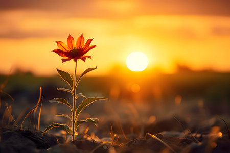 Single flower bathed in sunset's glow. Nature's beauty at golden hour.の写真素材