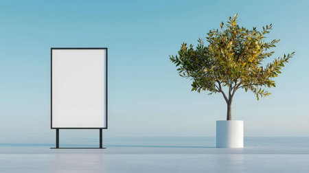 Minimalist scene with a blank billboard and a potted tree against a light blue background.の写真素材