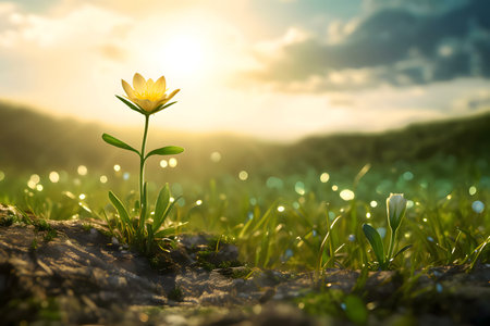 A single yellow flower stands tall in a field at sunset. Peaceful and hopeful.