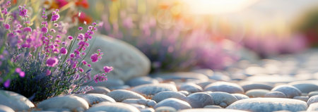 Peaceful sunset garden scene with purple flowers and smooth stones.