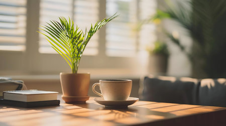 A cup of coffee sits on a wooden table, bathed in sunlight. A plant sits beside it. A peaceful...