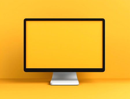 A yellow-colored computer monitor on a matching background.の写真素材