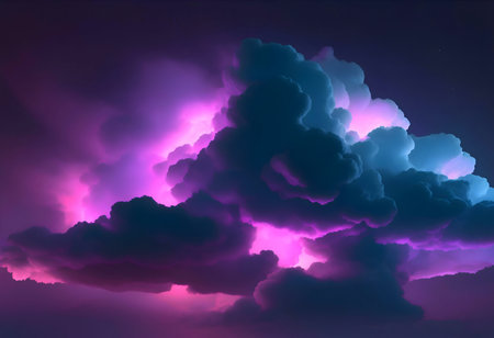 Stunning night sky with vibrant purple and teal clouds, illuminated by dramatic lightning.の写真素材