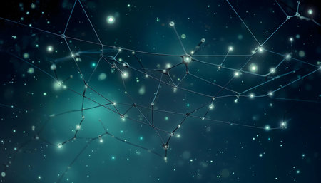 Abstract teal digital network. Glowing nodes and connections.の写真素材