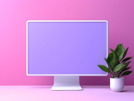 A minimalist desktop setup with a purple screen and a potted plant against a pink background.の写真素材