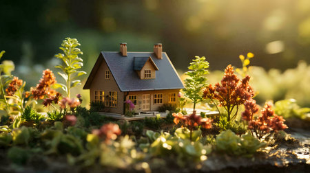 A tiny house model surrounded by vibrant plants. Warm, inviting atmosphere.の写真素材