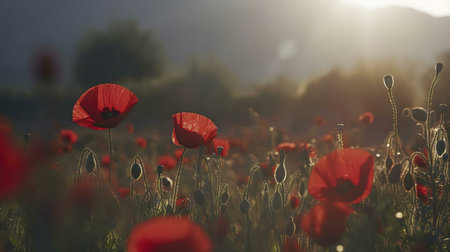 Red poppies bathed in sunlight during sunrise. Beautiful field of flowers