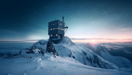 A solitary mountaintop observatory bathed in the soft light of a winter sunrise. The scene evokes serenity and peace.の写真素材