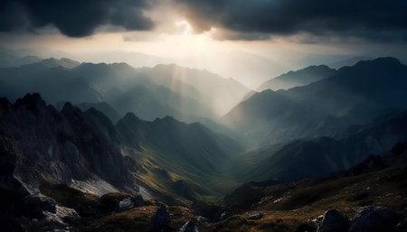 Sunlit mountain range, dramatic peaks, serene landscape