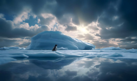 A lone penguin stands on the ice, majestic iceberg and calm waters reflect the dramatic sky.の写真素材
