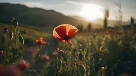 A single poppy bathed in golden sunset light, amongst many others in a field with a mountain background.の写真素材