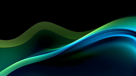 Abstract image of flowing teal and green waves against a black background.