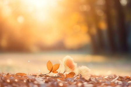 Golden autumn leaves, bathed in the soft light of sunset, create a serene landscape.