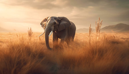 A lone elephant stands in a tall golden grass field during a stunning sunset. Peaceful and majestic.の写真素材