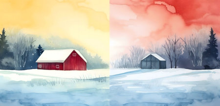 Two watercolor paintings of barns in a snowy winter landscape. One features a red barn, the other a dark one, under contrasting skies.の写真素材