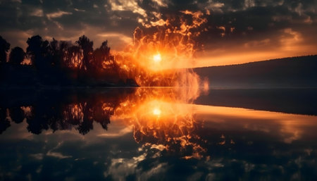A breathtaking sunset reflected on a still lake, creating a fiery and serene atmosphere.の写真素材