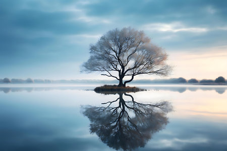 A single tree stands on a small island, its reflection perfectly mirrored in the still lake at dawn.の写真素材