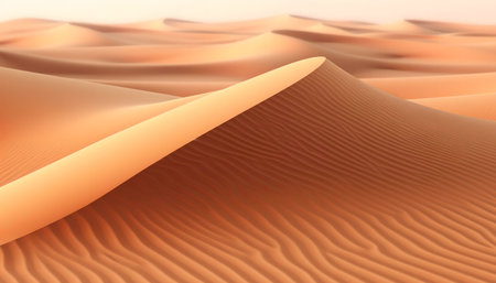 Golden desert dunes under a sunny sky. Serene, arid landscapeの写真素材