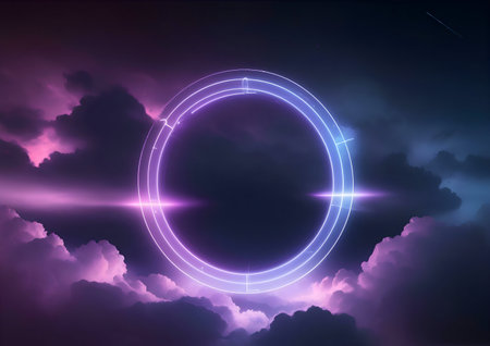 A neon circle glows brightly against a backdrop of dark clouds and stars.