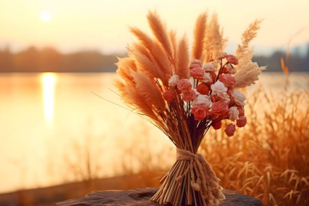 A stunning bouquet of pampas grass and roses at sunset by a lake. Peaceful and romantic sceneの写真素材