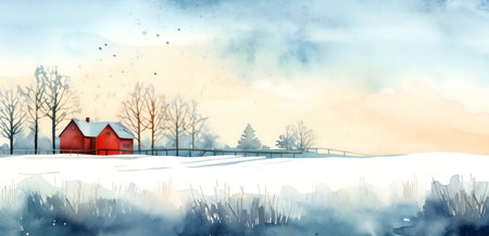 A watercolor painting of a red barn in a snowy field, winter landscape.の写真素材